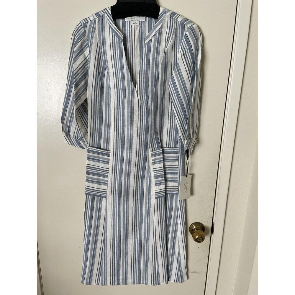 W by WORTH WOMENS Full length Blue White Striped Linen TUNIC V-NECK Size XS